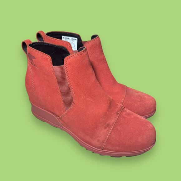 Sorel Genuine Suede Neon Pink Orange Peach Wedge Ankle Booties Size 9 - Picture 1 of 9